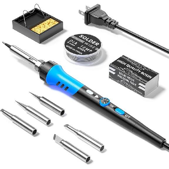 60W Adjustable Temperature Soldering Iron Kit - 9-in-1 With 5 Tips, Solder Wire Stand for Soldering and Repair