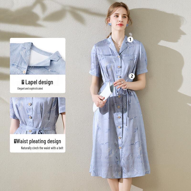 TUHUANG Women's 19 Momme Silk Printed Tie-Waist Midi Dress