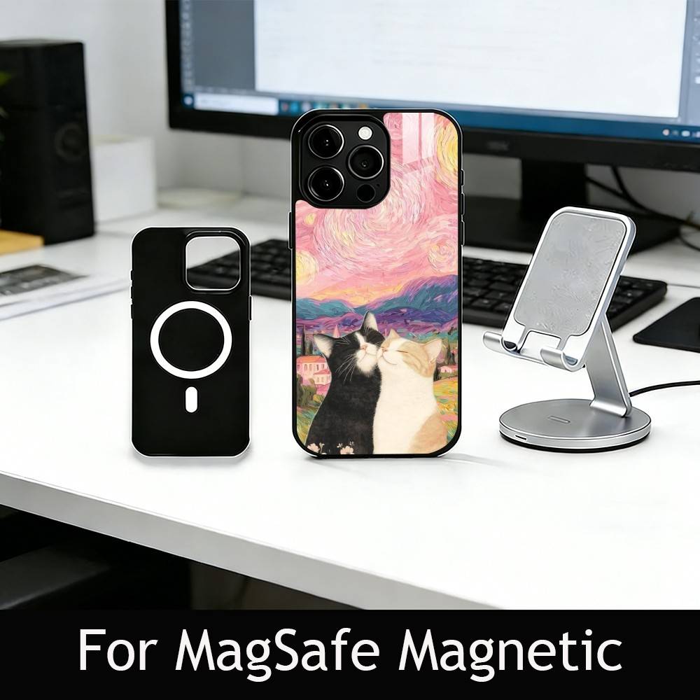Pink Oil Painting Style Cat Phone Case For iPhone17,16,15,14,13,12,11 Plus,Pro Magnetic For Magsafe Wireless Charging
