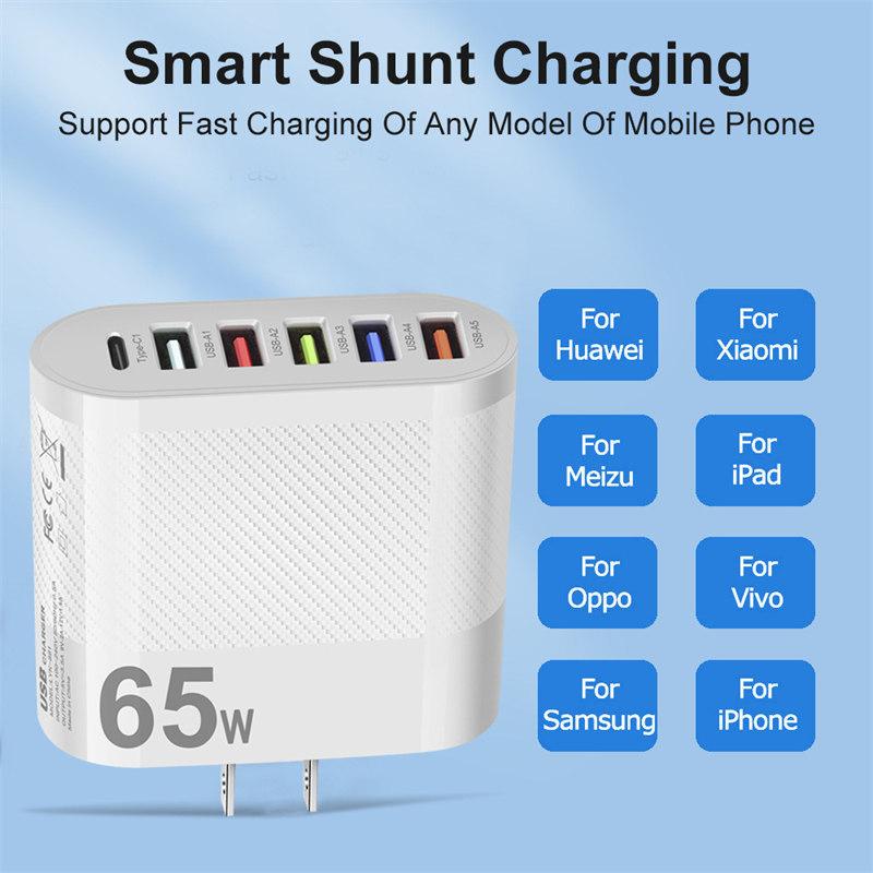 6 Ports USB Type C Charger PD Fast Charging Adapter Quick Charge3.0 For iPhone Samsung Xiaomi Huawei Phone Wall Charger Plug
