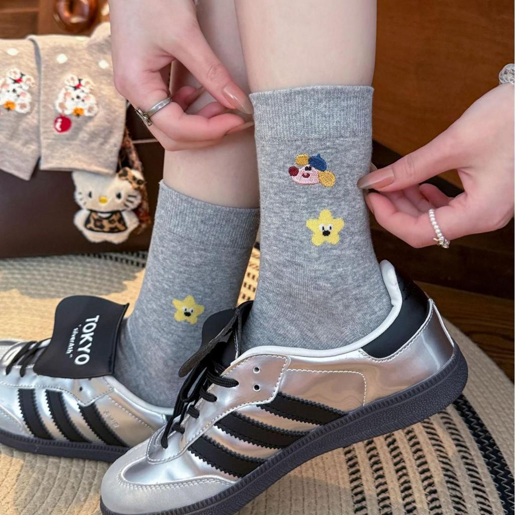 Spring 2026 Women's Embroidered Puppy Mid-Calf Cotton Socks - Cute, Comfortable, Breathable, Sweat-wicking for Students