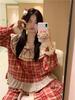 Korean-Style Red Plaid Cotton Nightgown with Lace Trim 