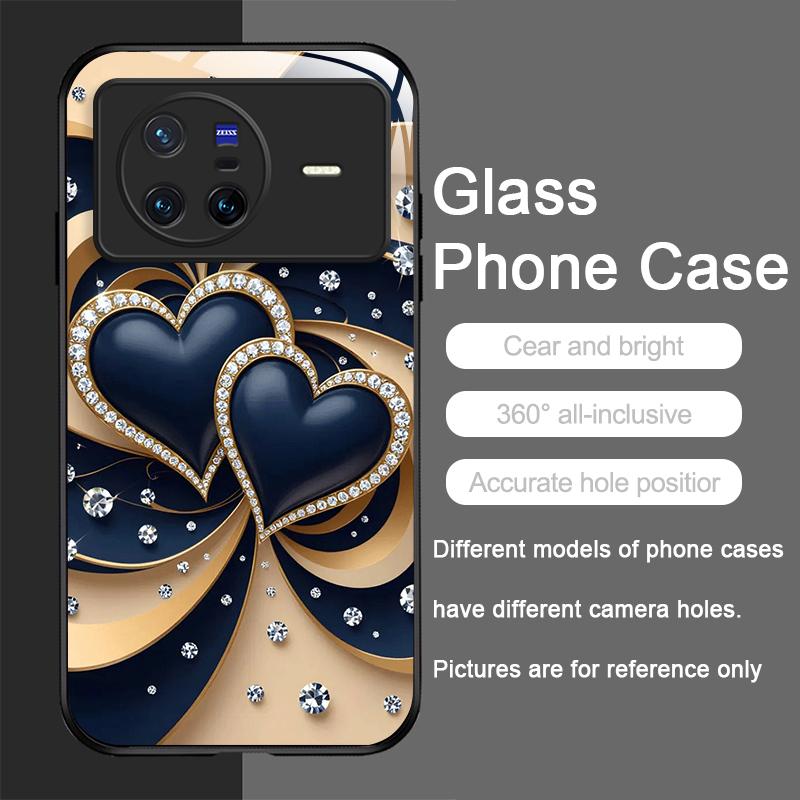 Stylish Black White Heart with Pearls Tempered Glass Phone Case for OPPO Reno 13F 12 11 10 ProPlus Find X8 X3 Lite A58 A94 Cover