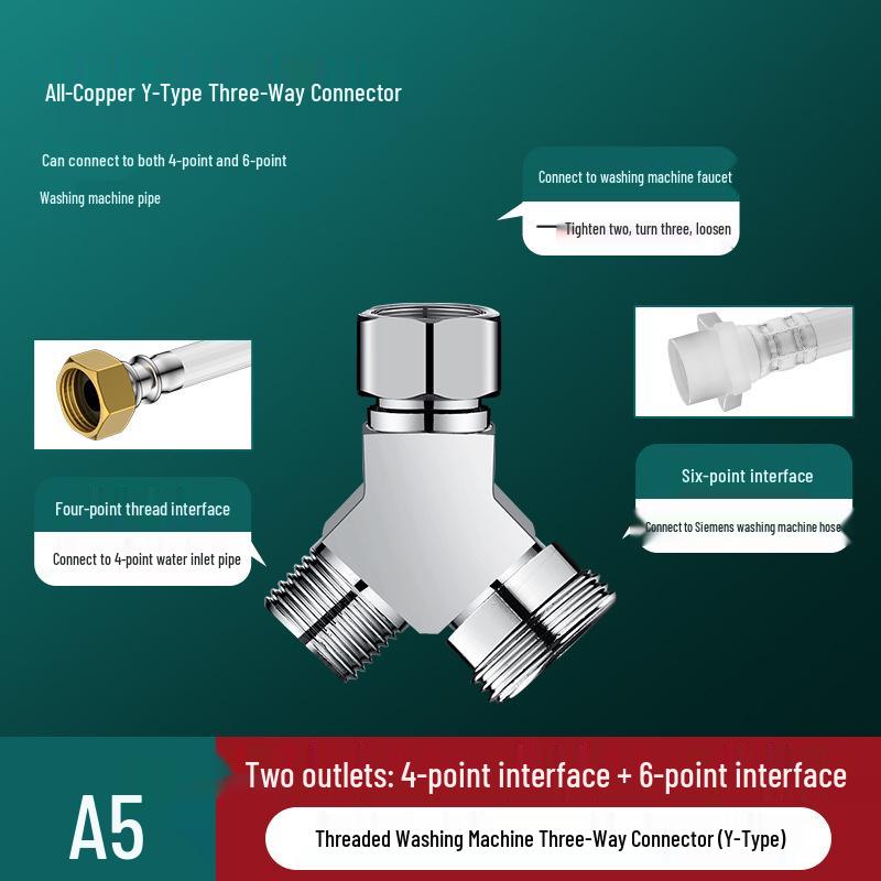 Washing Machine Water Inlet Splitter: Two-Way Copper Connector with Automatic Shut-Off Valve