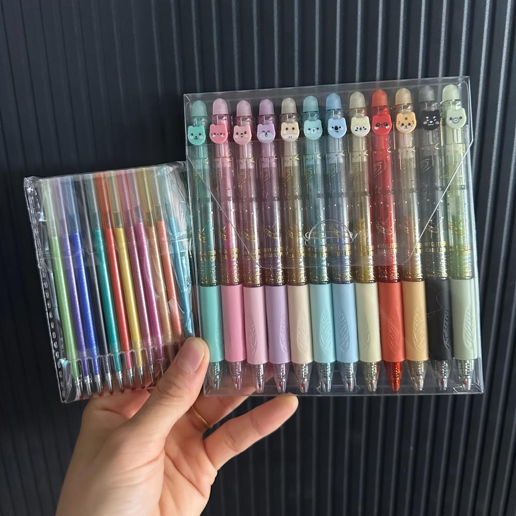 6/12 Colors Glitter Thermo-Erasable Gel Pens Retractable Push-Type Quick-Dry Smooth Writing 0.5mm Black & Assorted Ink