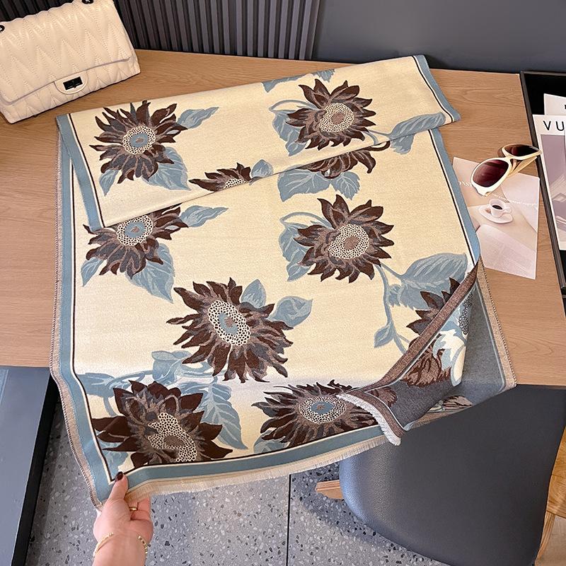 Women'S Sunflower Jacquard Scarf Autumn And Winter Warm Shawl Air Conditioning Blanket Premium Scarf Travel Multi-Purpose