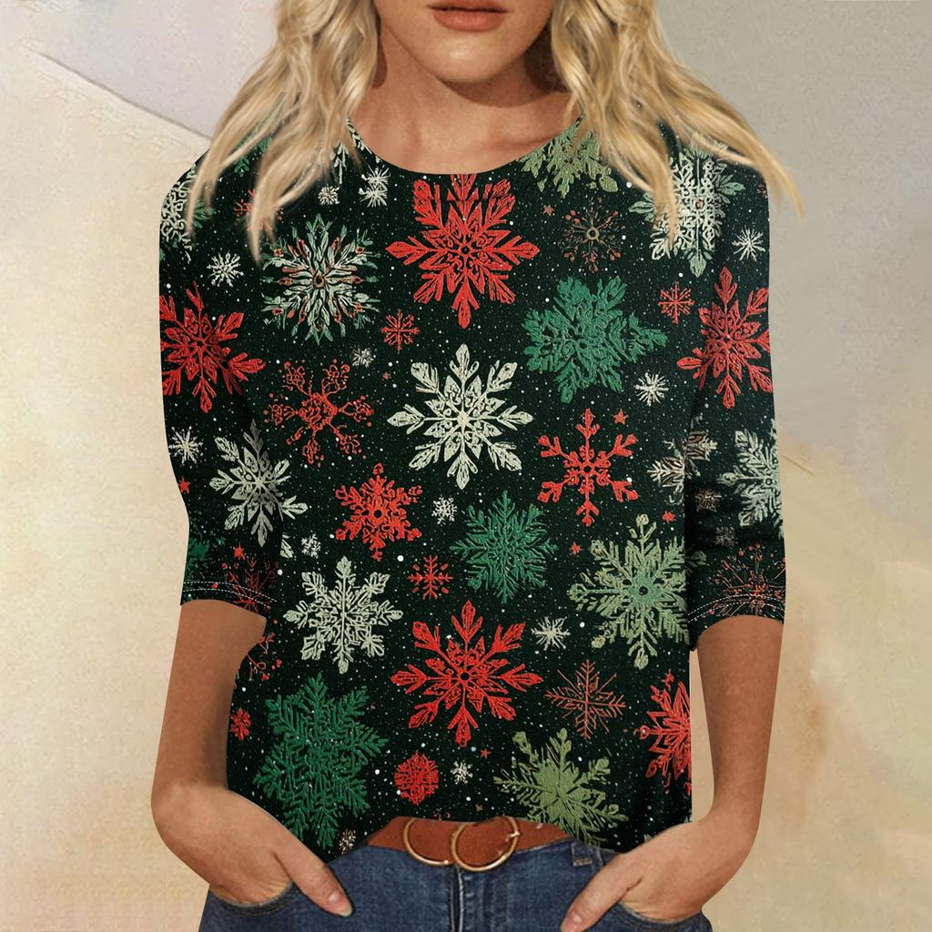Women's Casual Christmas Print Three-Quarter Sleeve Neck Loose Fit Shirt