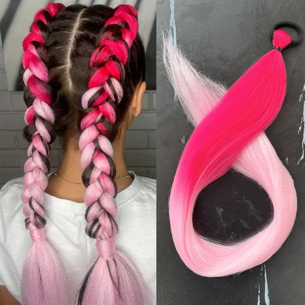 Coadă de cal sintetică lungă dreaptă de 28 de inci, mov, coadă de cal împletită DIY cu elastic, accesorii de păr de Halloween pentru femei