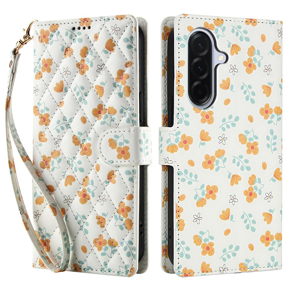 For Samsung Galaxy A17 5G/A26 5G Wallet Case Rhombic Floral Design Leather Flip Phone Cover with Strap
