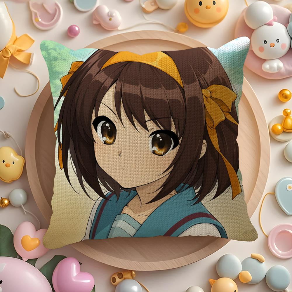 Anime H-Haruhi S-Suzumiya Cushion Cover Natural Linen Organic Fabric Double-Sided Printing Sofa Home Decor Gift Pillow Cover