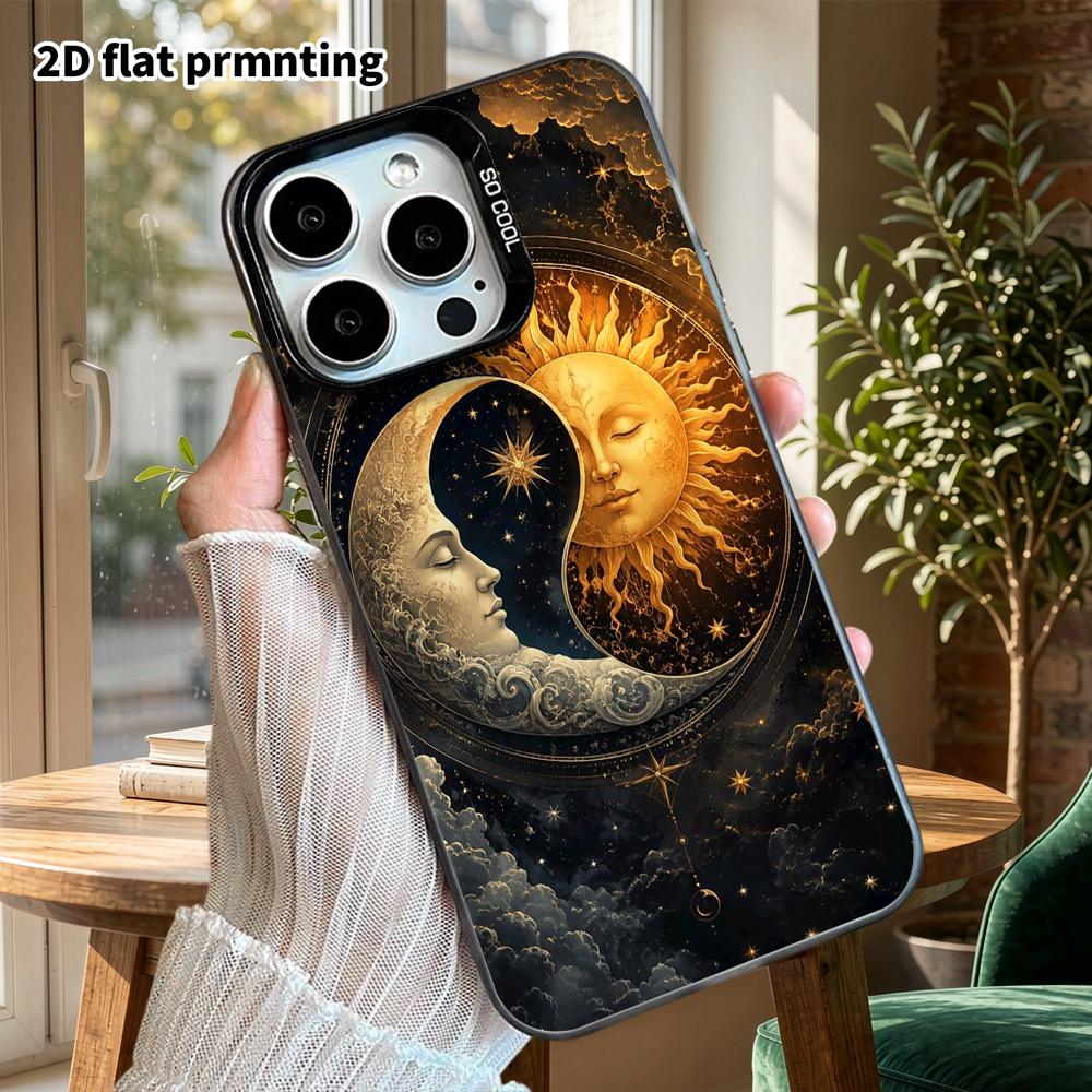 Phone Case: 2D flat design, fits iPhone 18, 17, 16, 15, 14, 13 Pro, color silver protective case, couple style, Sun and Moon Myth, Christmas and Hallo