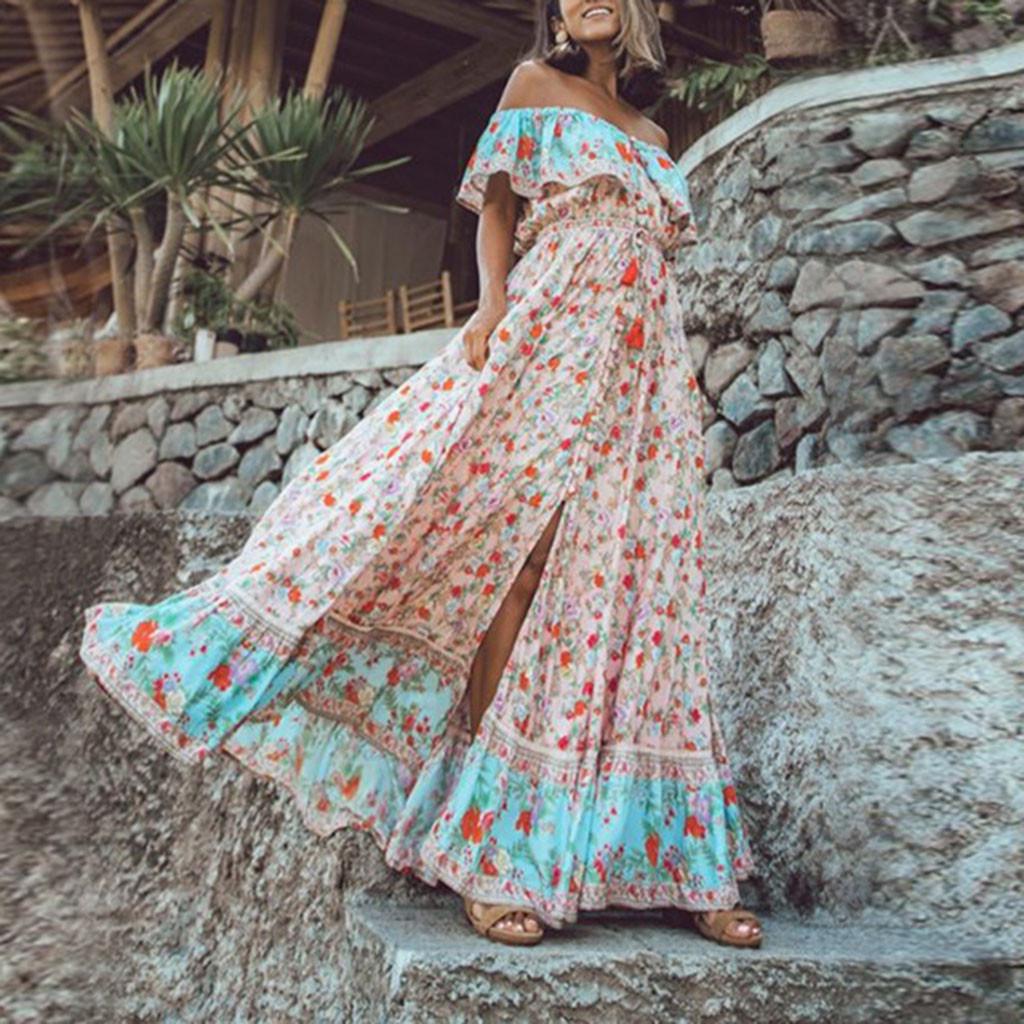 Women's Summer Bohemian Printed Waist V-Collar Chiffon Beach Long Dresses