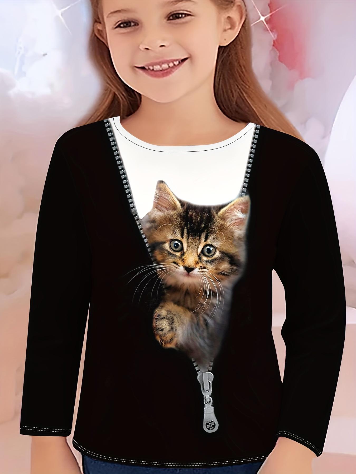 

3D printed cute pocket cat pattern long-sleeved casual T-shirt, suitable for girls to wear all year round 100