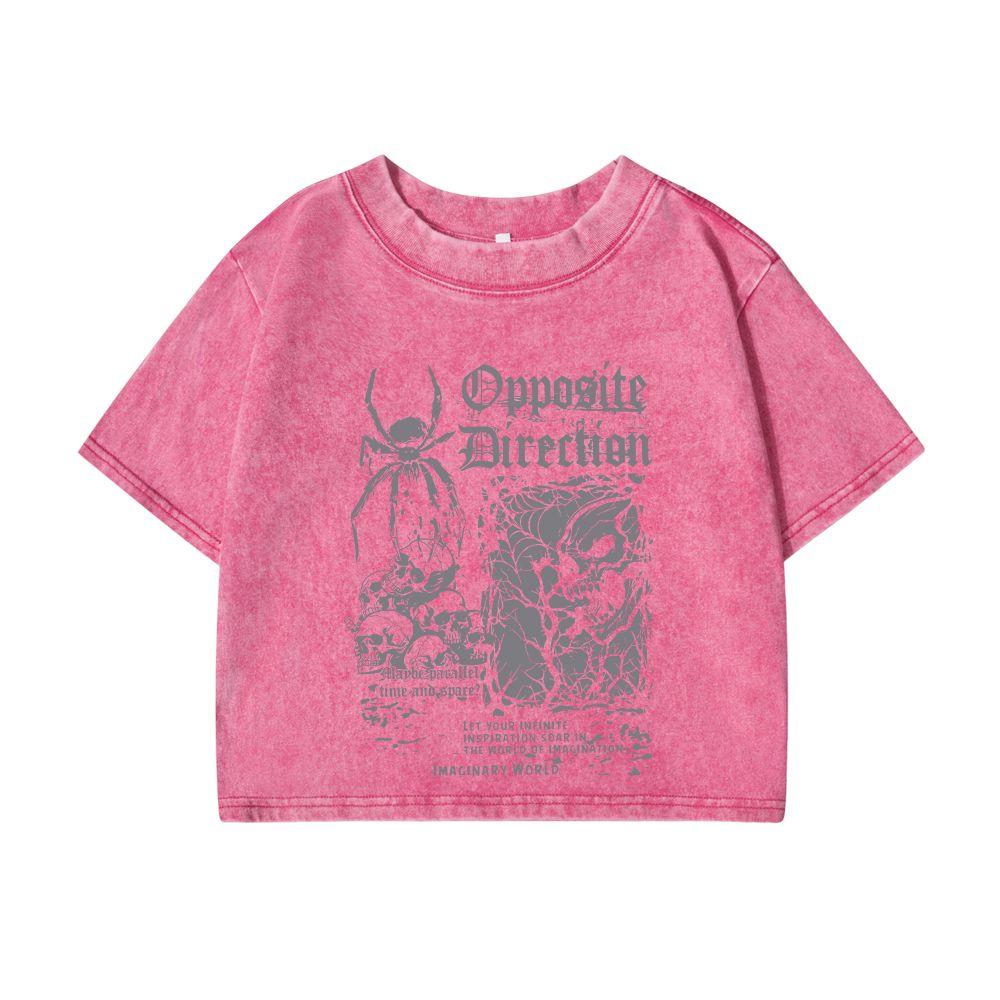 Womans Cotton Crop Washed T-Shirts Scary Spider Skull Prints Short Sleeve Oversize O-Neck Distressed Tops Clothes