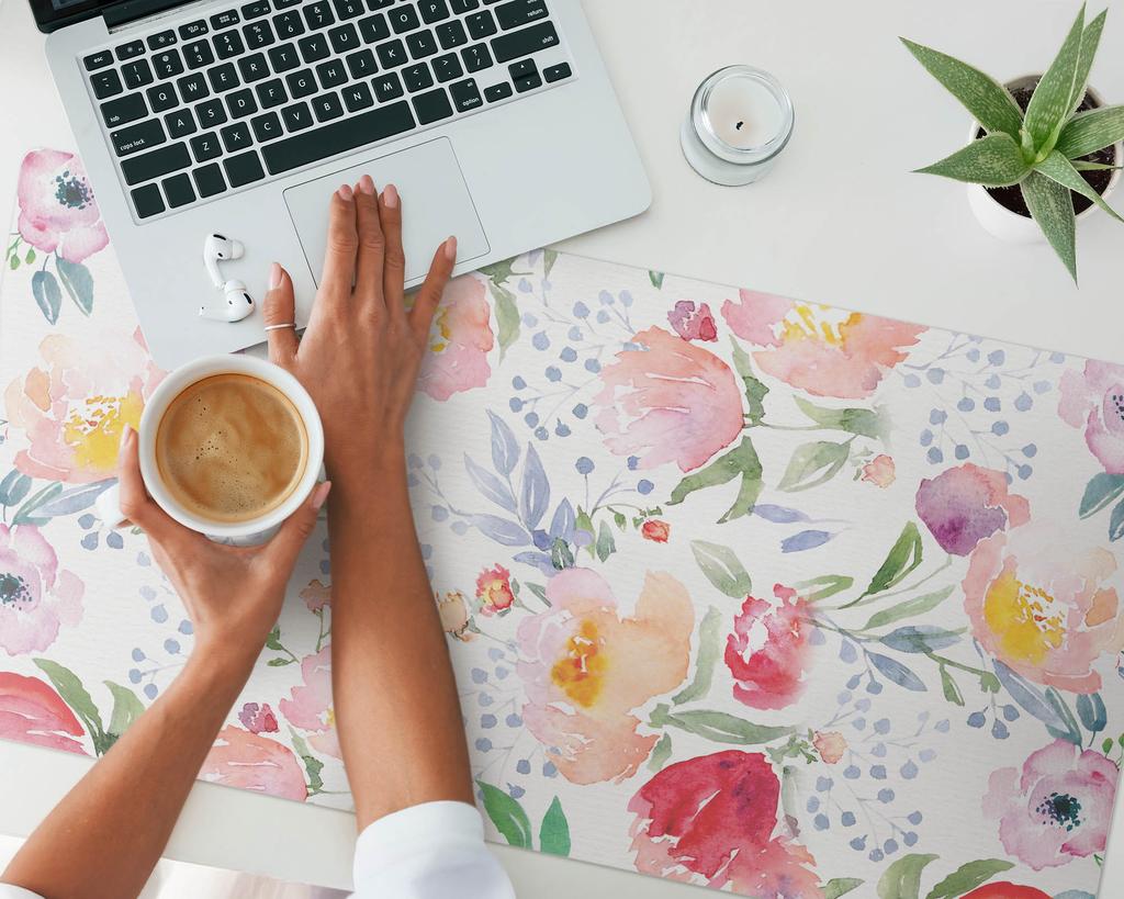Protective Decorative Mat for Office Table Floral Watercolor Pattern 100x50 Cm