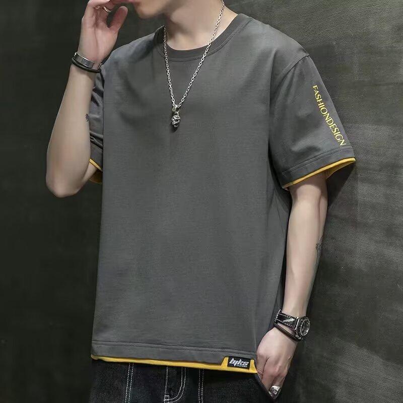 Fake Two-Piece Short-Sleeved T-Shirt Men'S Summer New Youth Leisure Sports Round Neck Short-Sleeved Thin Bottoming Shirt Trendy Brand