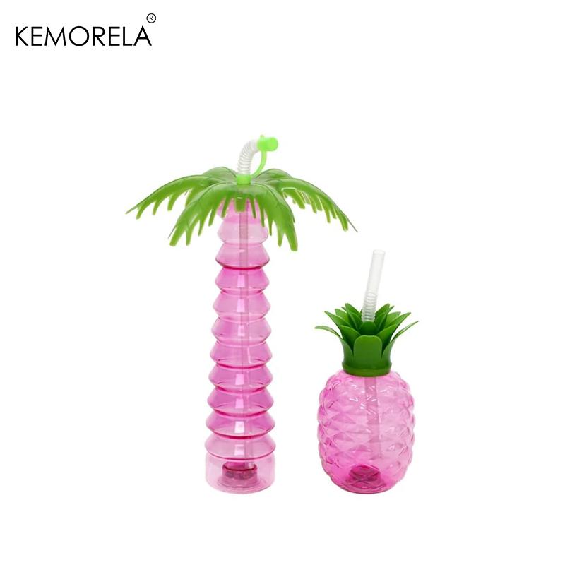 1PCS Tropical-Theme Plastic Cup Coconut Tree Pineapple Shape Bottle Drinking Cups With Lids And Straws Child Waterbottle