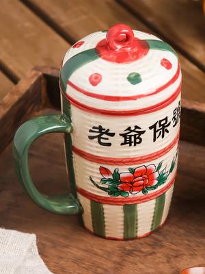Mug Ceramic Underglaze Color Flowers and Plants Letter Printing with Lid Chinese Retro Coffee Design Sense Cute Funny Water Cup