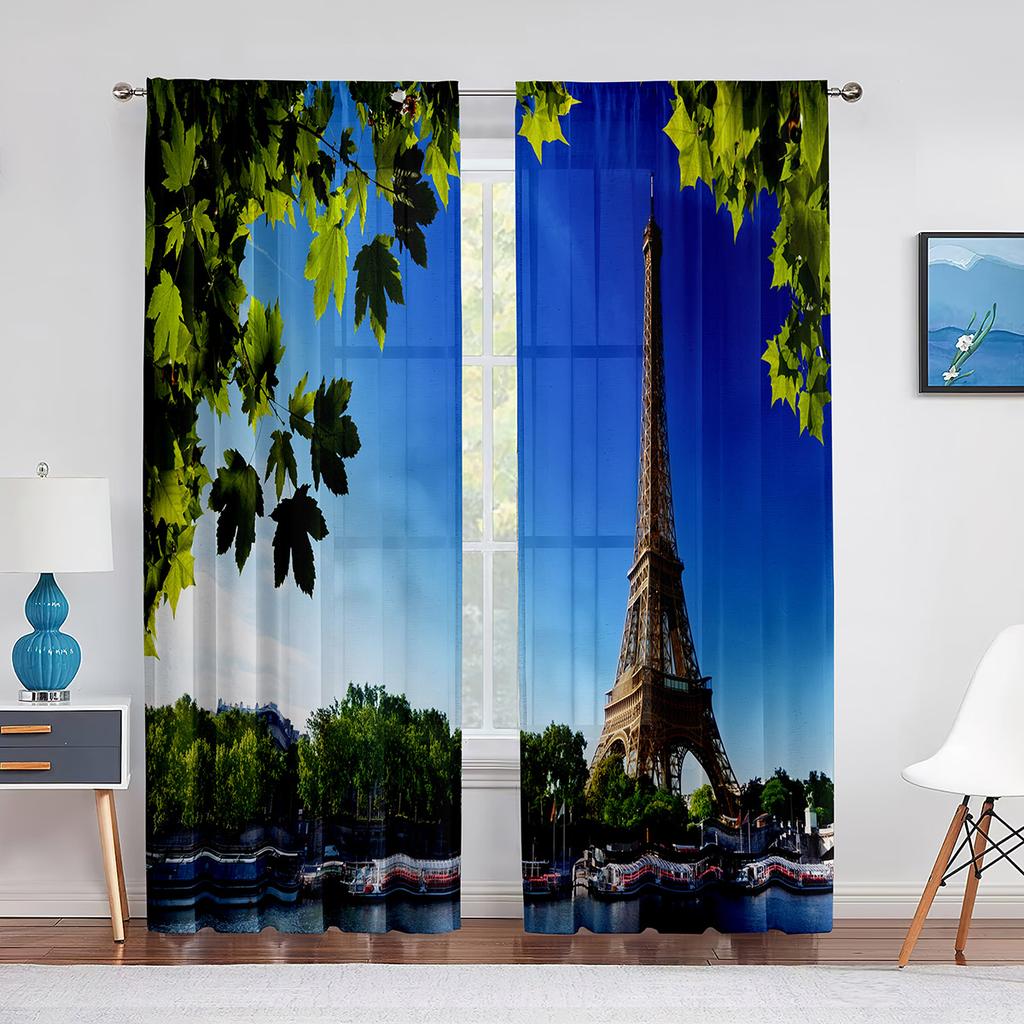 Paris Eiffel Tower Trees European City Landscape Voile Curtain Window Treatment Tulle Curtains for Living Room Sheer Curtains