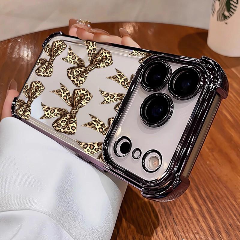 

Leopard Print Bow Pattern Plating Transparent Shockproof Phone Case For iPhone 17 16 15 14 13 12 11 Pro Max 17 Air 15 Plus Cover iPhone 12 Pro