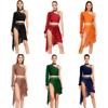 Damen Lyrical Dance Outfit Funkelndes Strass-Asymmetrisches Crop Top Hohe Taille Slips Shorts Chiffon-Rock Kostüm