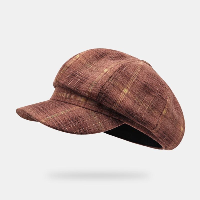 Retro Octagonal Hat Female Spring and Autumn Show Face Small Plaid Painter Beret Niche Design Bud Hat