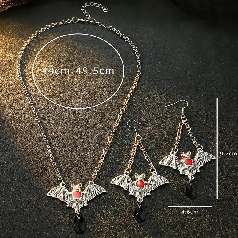 

Halloween New Style Dark Gothic Style Exaggerated Red Color Bat Earrings Black Water Drop Pendant Necklace Set Trendy