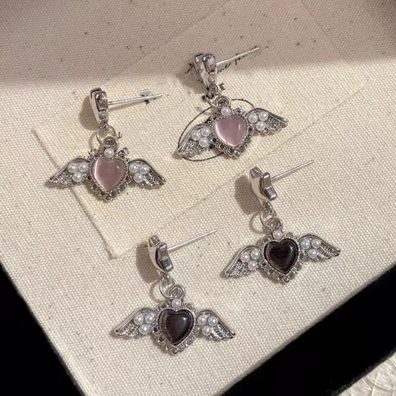Elegant Pearls Accented Angel Wing Heart Earrings Premium Alloy Allergy Resistant Lightweight Ear Pendant For Daily Wear