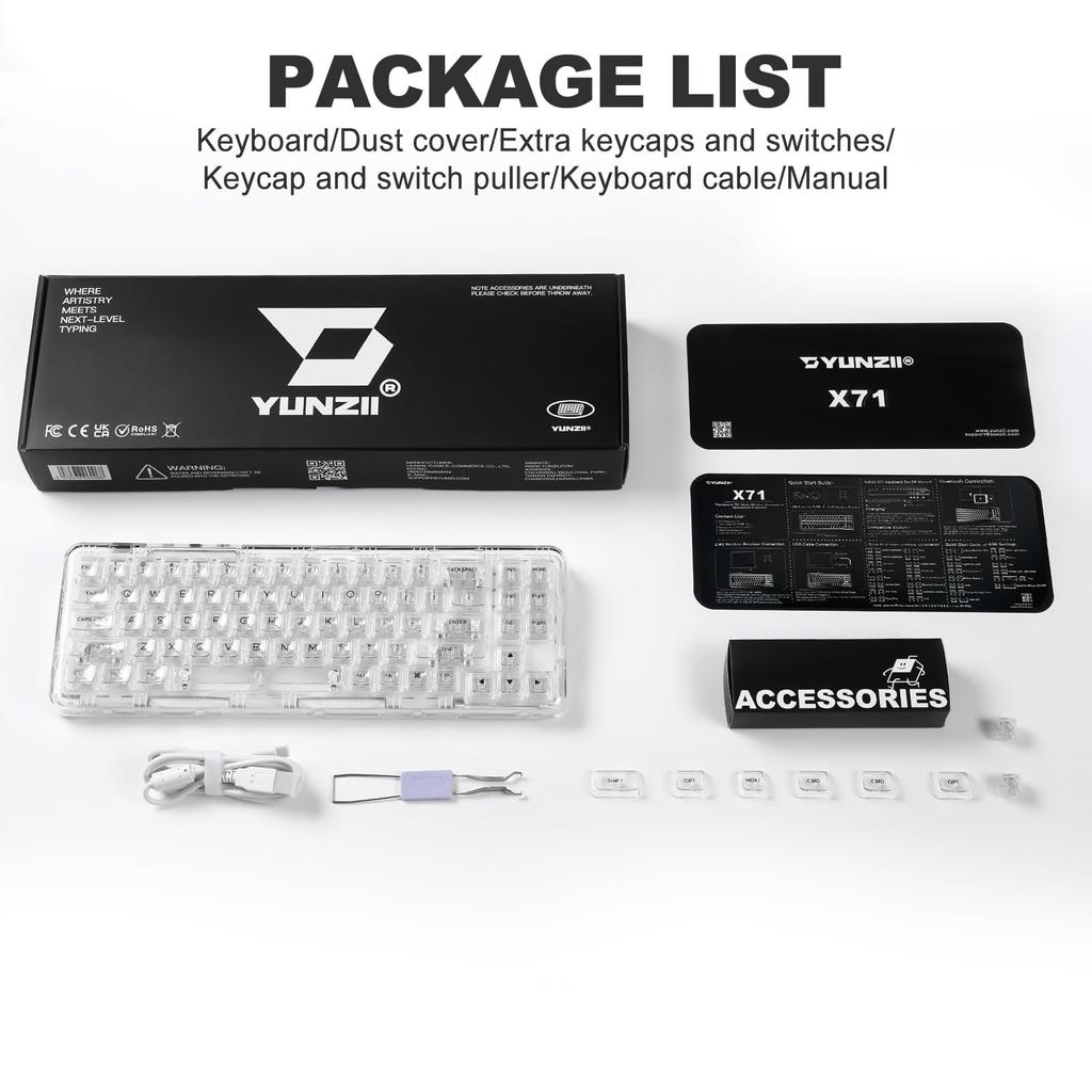 YUNZII X71 Keyboard, Crystal Ice, White, 68% Layout