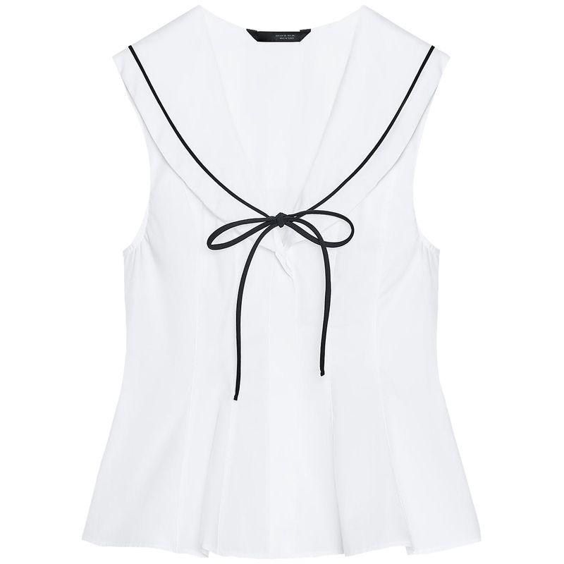 Zaprha Western Style Unique Stylish Bows Trim V Neck Sleeveless Poplin Tops Waist Slim Looking 3152006