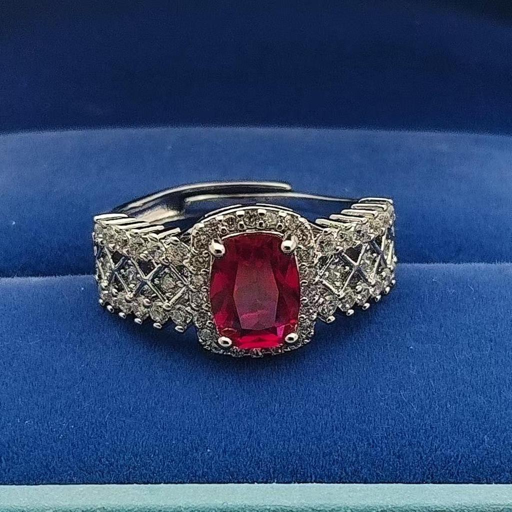 Silver Plated Red Corundum & Diamond Ring for Women