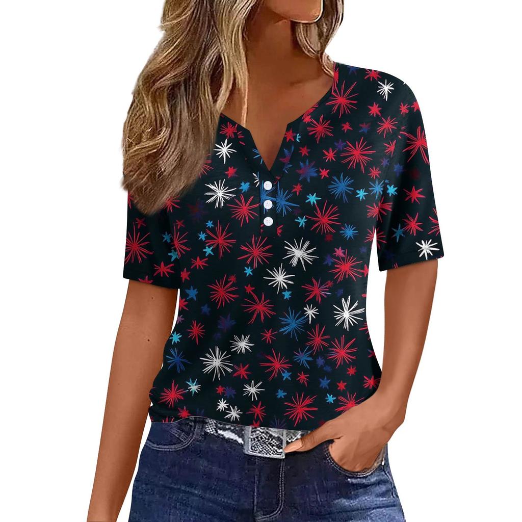 Women's Fashion Casual Independence Day Printed V-Neck Short Sleeve Button Top