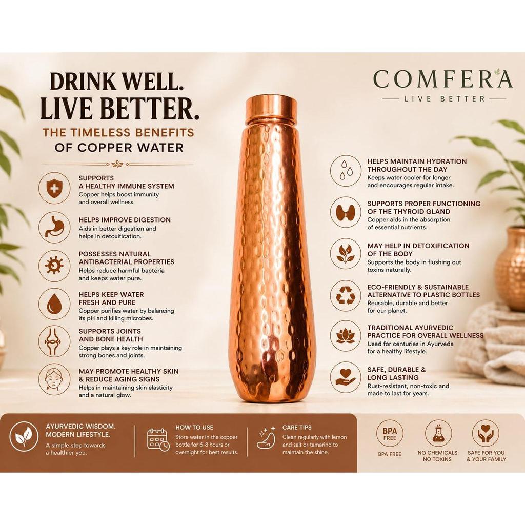 Pure Copper Bottle, 32oz/950ml Water Bottle for Drinking, Leakproof Hammered Designed Bottles for Home, Gym, School & Travel