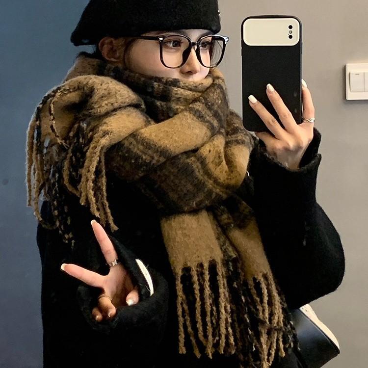 Korean Version of Mohair Plush Scarf for Women Winter High End New Versatile Plaid Scarf Student Shawl Outer Wear