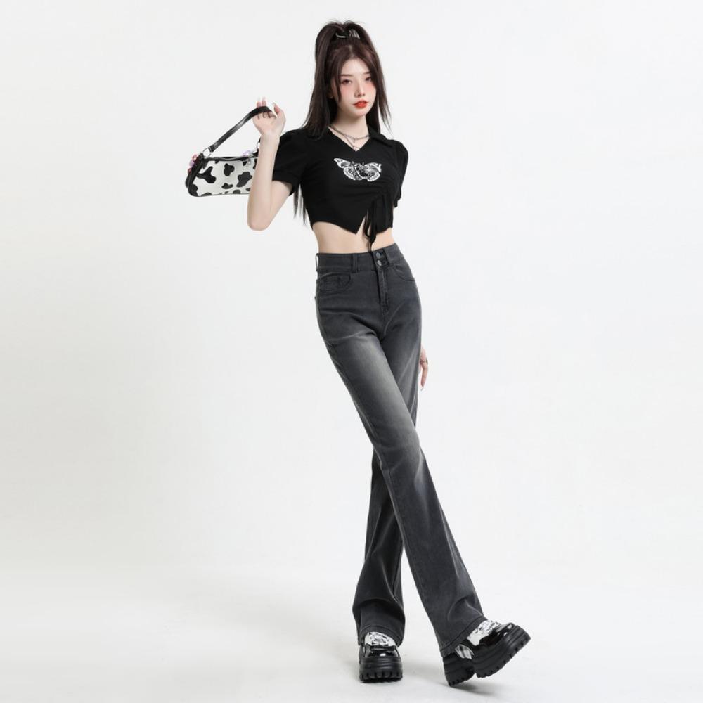 Retro Schlagjeans 2025 neues Design hohe Taille und dünne schwarze graue Bodenwischjeans Damen