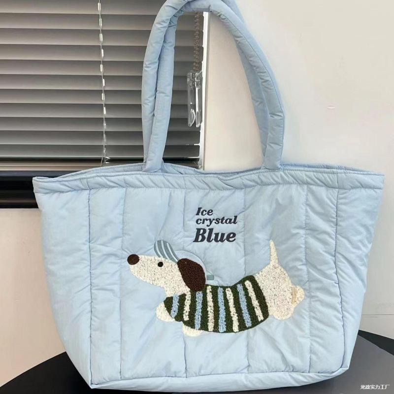 

Embroidery cute casual versatile canvas bag commuter shoulder bag new fashion puppy large capacity синий