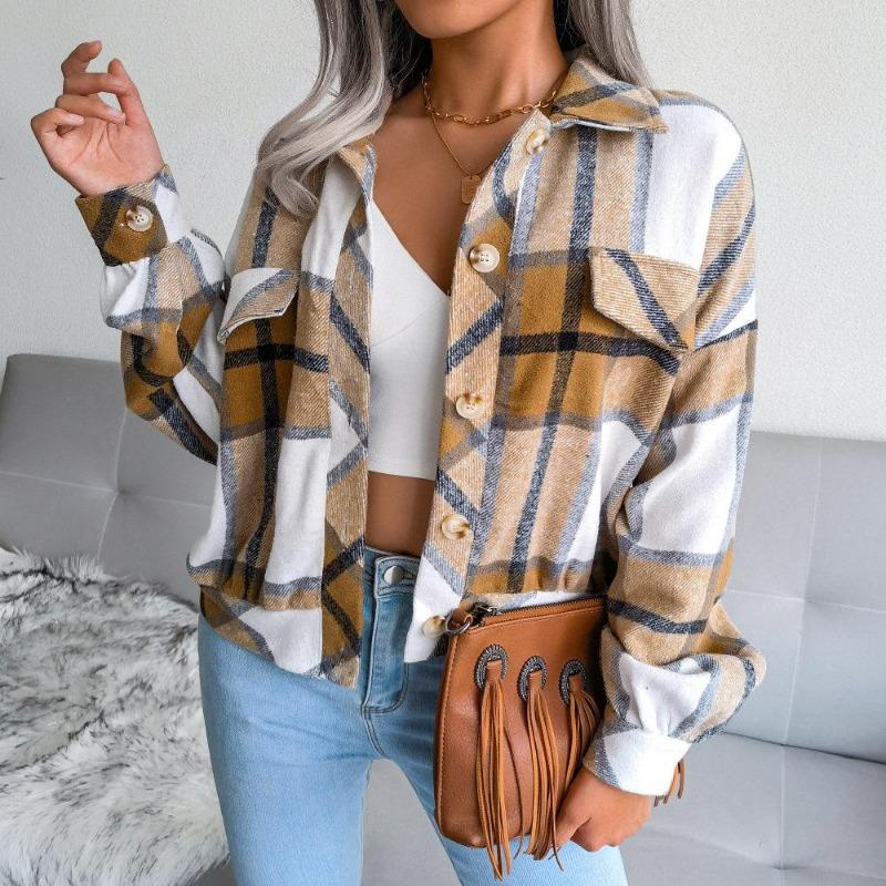 Autumn and Winter Plaid Lantern Long Sleeve Tweed Jacket