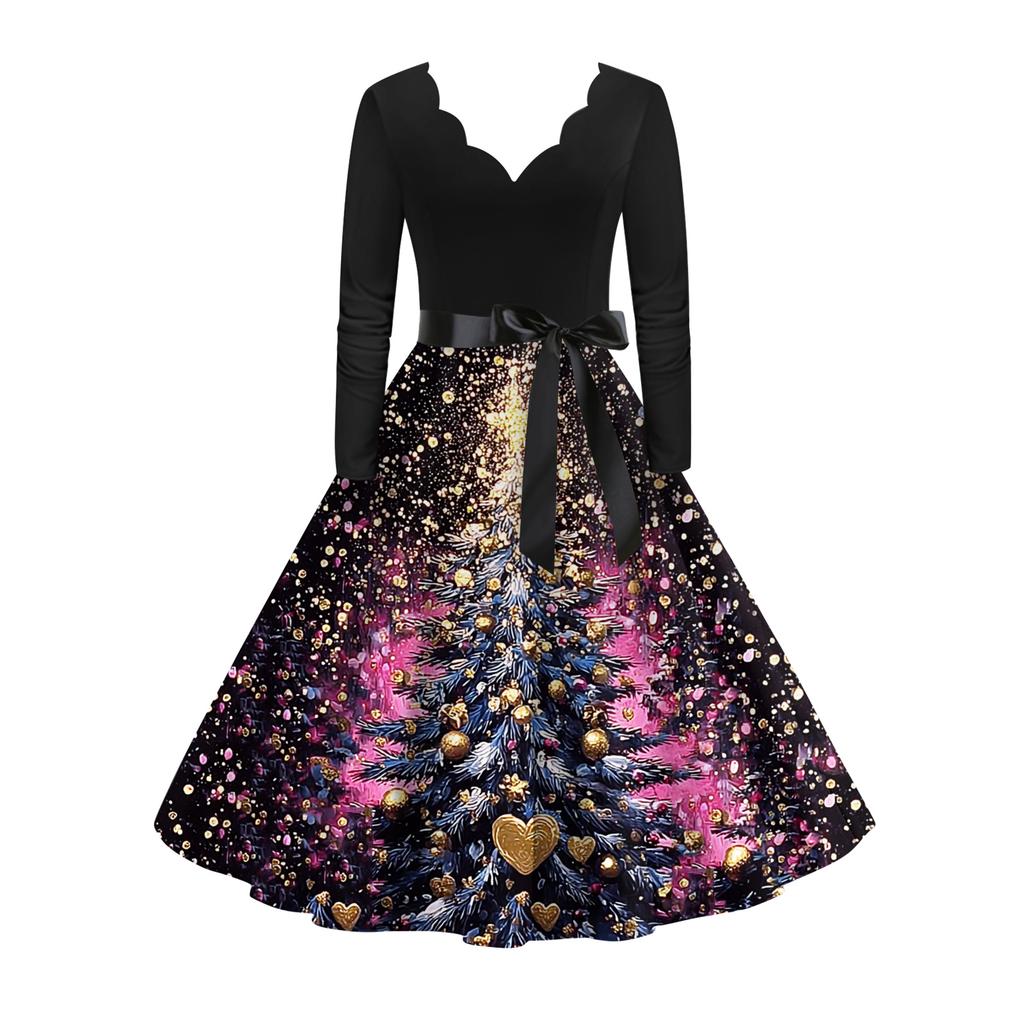 Women's Fashion Elegant Autmn and Winter Long Sleeve V-Neck Christmas Print Dress