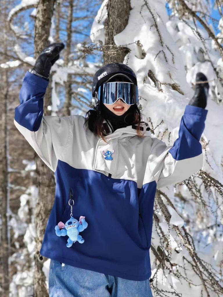 Ice Degree Unisex Color Block Wasserdichte Skijacke mit Kapuze und Plüschfutter für Outdoor Single/Double Boarding