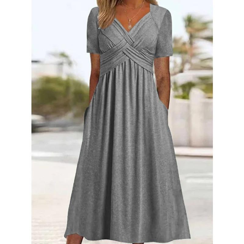QICED Abiti casual con scollo a V a maniche corte stampa tinta unita primavera estate moda donna