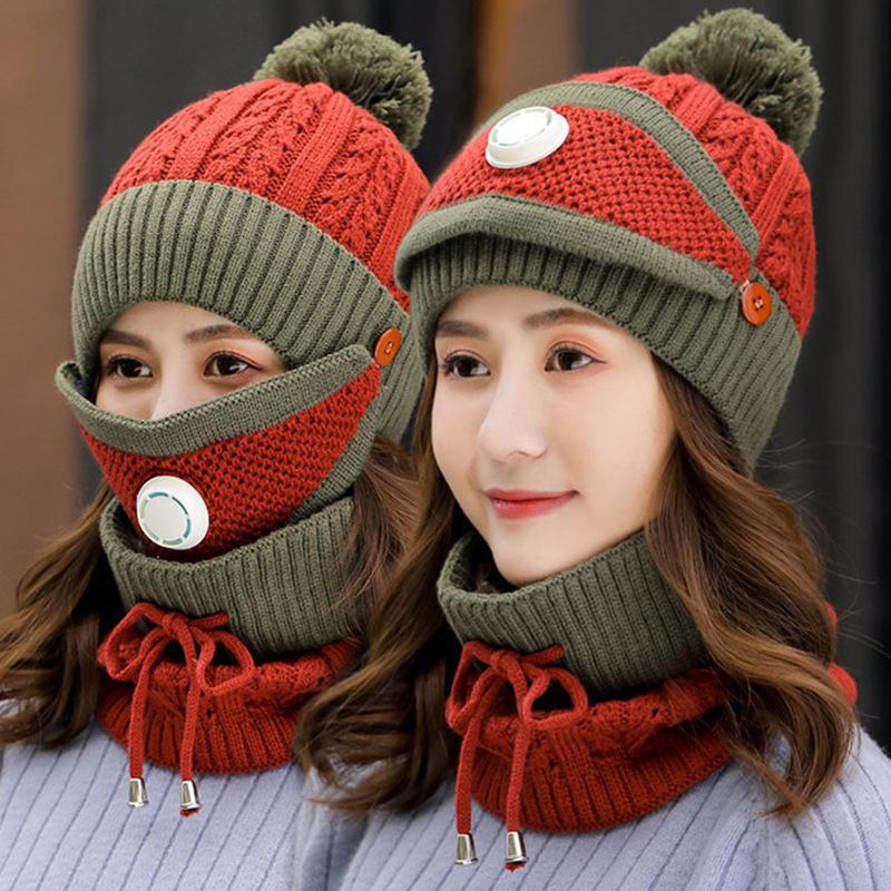 Korean Style Winter Cycling Cap: Woolen Earmuffs, Knitted Hat & Scarf with Breathing Valve.