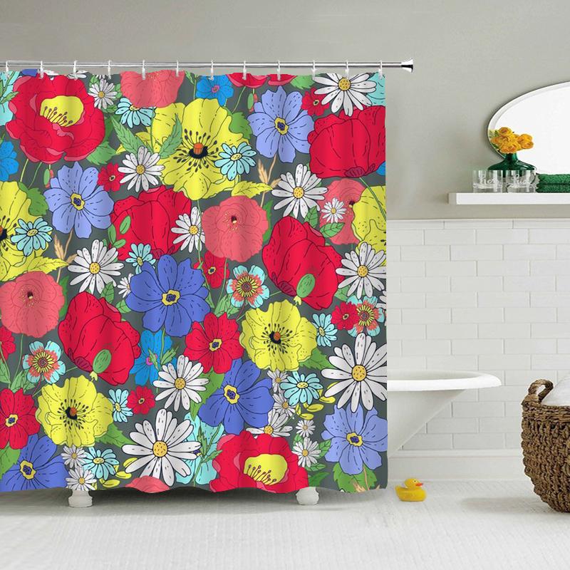 Cheap 3d Shower Curtains Flowers Bathroom Curtain With Hooks Waterproof