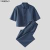 INCERUN Two Pieces Men Lapel Short Sleeve Cropped T-shirts Long Pants Sets Suits