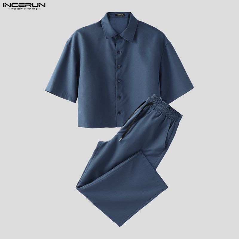 INCERUN Two Pieces Men Lapel Short Sleeve Cropped T-shirts Long Pants Sets Suits
