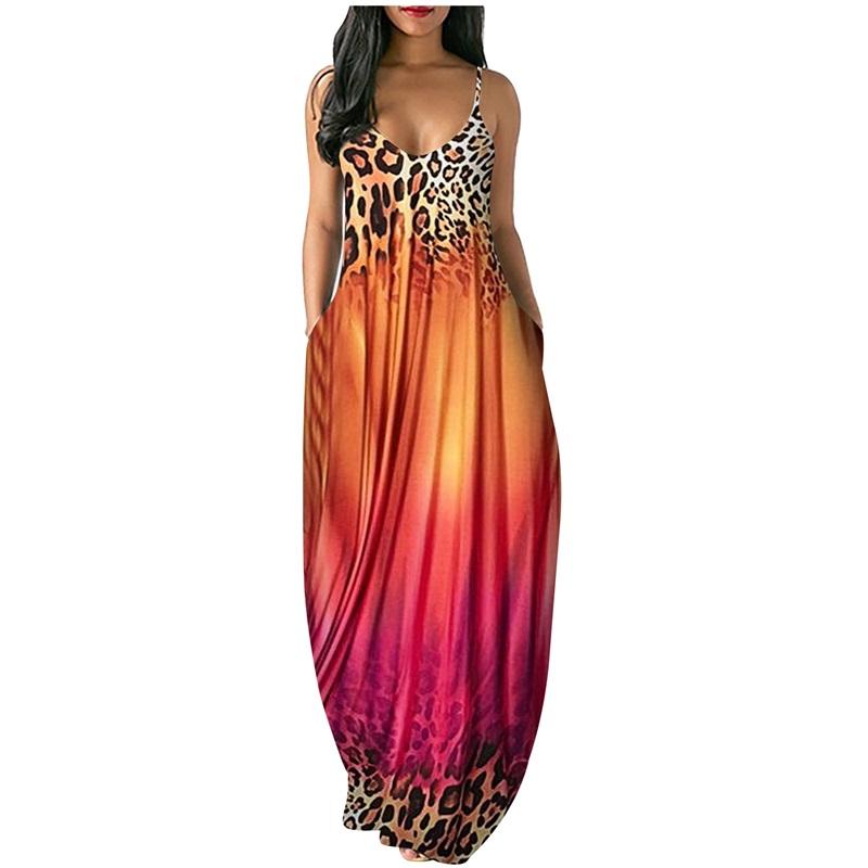 Women's Leopard Print Gradient Maxi Dress Sleeveless V Neck Casual Long Dress With Pockets