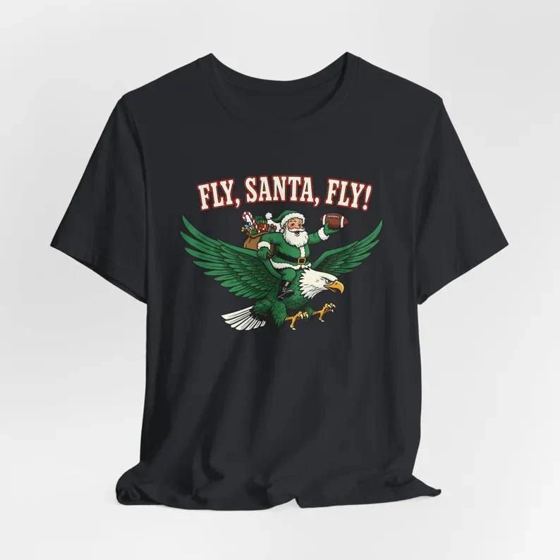 Fly Santa Fly Christmas T-Shirt, Santa Football, Holiday Sports Shirt S