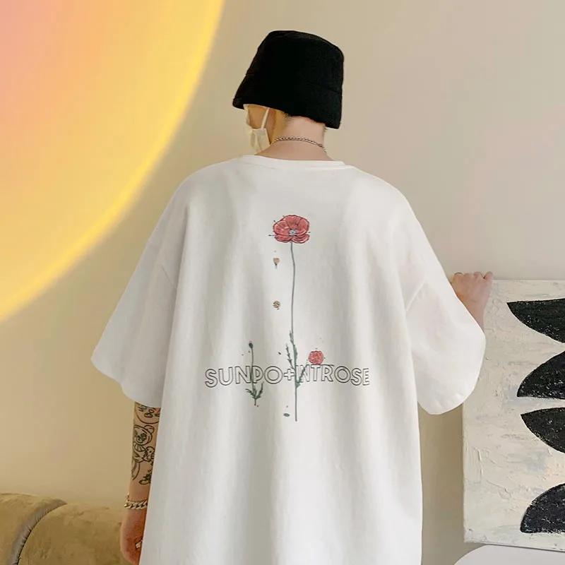 Fortschrittliches Design Rosenblumen-Druck 100% Baumwolle Herren T-Shirt Kurzarm Rundhalsausschnitt Freizeit-Tee Locker Übergroße Damenoberteile