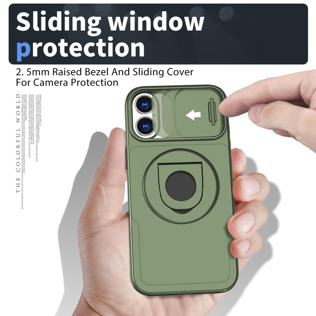 For iPhone 16 Magnetic Case Slide Camshield TPU+PC Kickstand Phone Cover