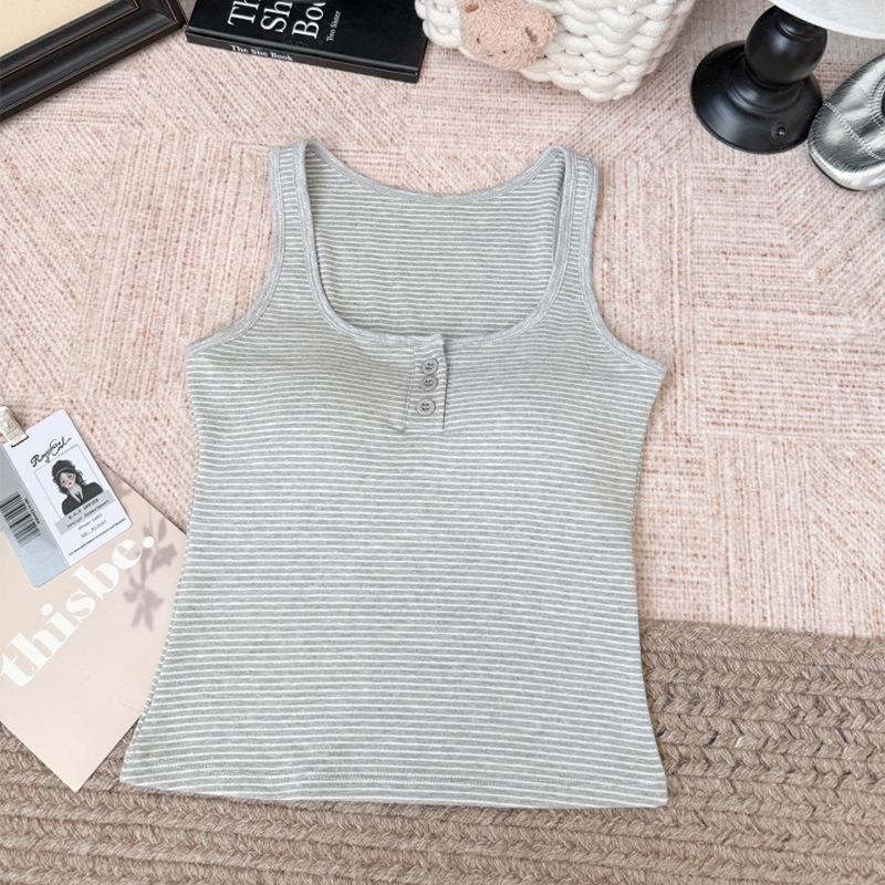 Striped Color Block Square Neck Tank Top with Built-in Bra Buttons - Retro Fashion for Women One Size (80-135 jin)