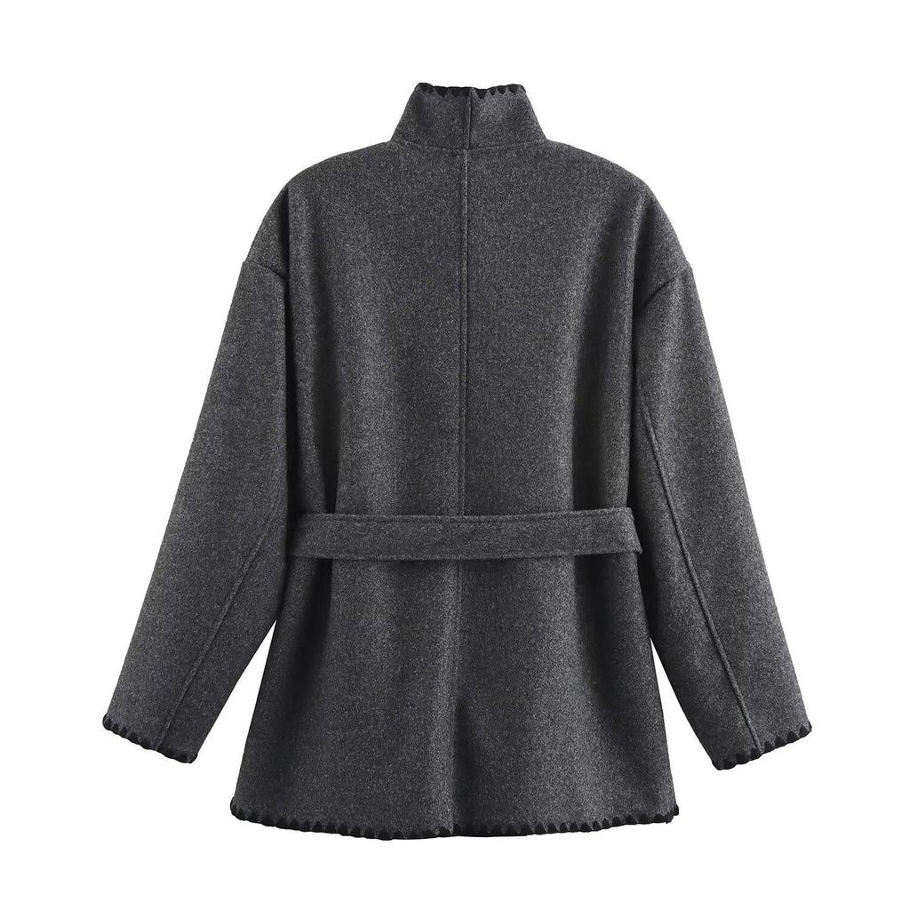 2024 Winter Women's European & American Colorblock Lace-up Woolen Coat